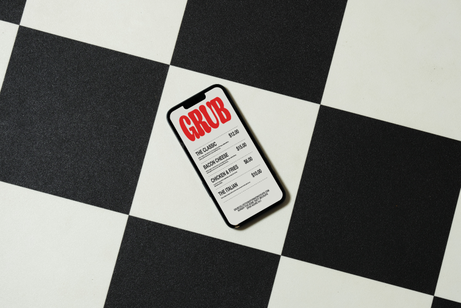 Smartphone screen mockup on checkered background showcasing menu app design, ideal for presenting mobile app templates and UX/UI designs.