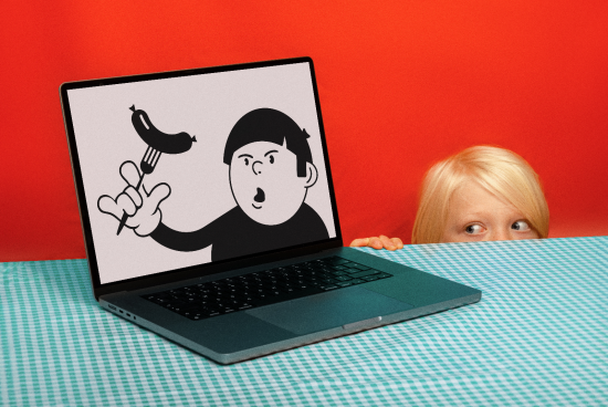 Creative laptop screen mockup with cartoon character holding a sausage, girl peeking from below, designers template graphic.