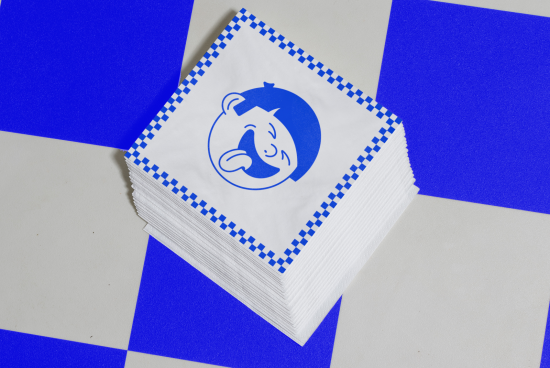 Stack of paper napkins with blue logo mockup on a blue and white background, perfect for branding presentations and packaging design.