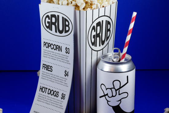 Mockup of a snack menu flyer with soda can and popcorn cup on a blue background, ideal for fast food promotional design templates.
