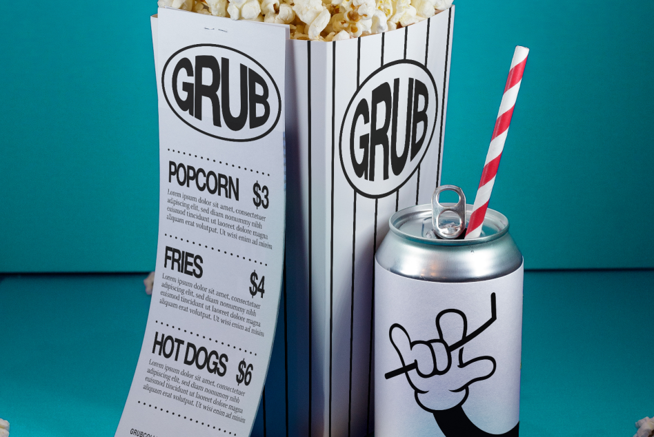 Creative menu mockup with bold typography on popcorn box and soda can against teal background, ideal for restaurant branding assets.