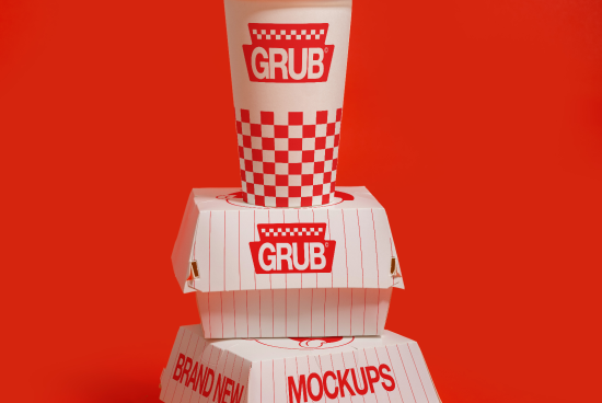 Fast food packaging mockup with stacked burger boxes and drink cup on red background perfect for restaurant branding designs