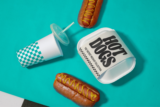 Food mockup with hot dogs, paper cup, and styled packaging on teal background, ideal for restaurant branding design.