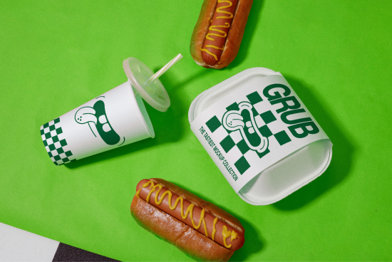Fast food packaging mockup with a green color scheme displaying a drink, burger box, and hot dogs, ideal for design presentation.
