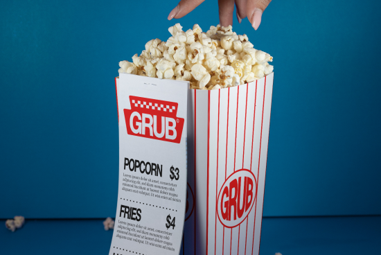 Hand reaching into a striped popcorn box against a blue background, showcasing packaging design, ideal for mockup and graphics display.