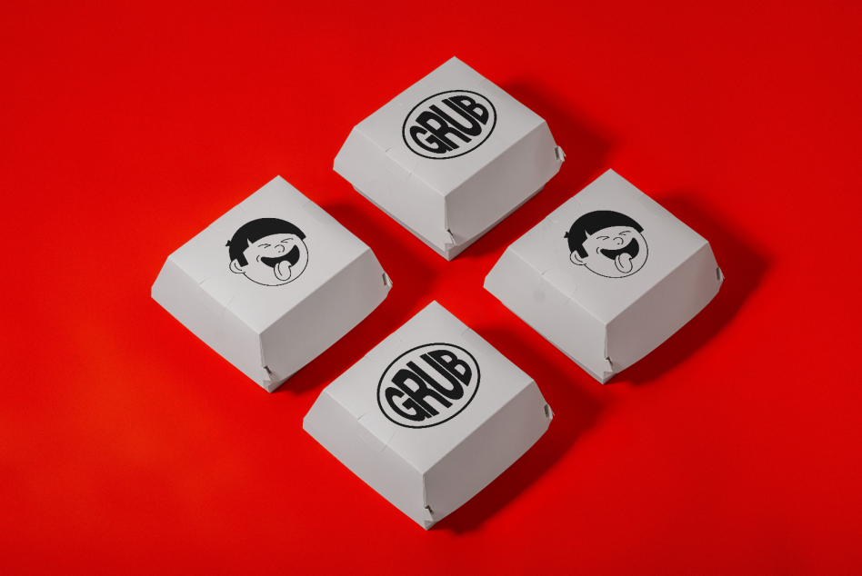 White food packaging mockups with playful logo on a vibrant red background, perfect for restaurant branding presentations.