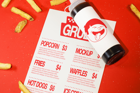 Menu mockup template with fries and bottle, design presentation on red background for branding, graphic advertising, food-related marketing.