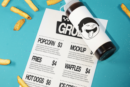 Modern menu mockup with beverage bottle on blue textured background, surrounded by fries, suitable for graphic design or branding presentations.