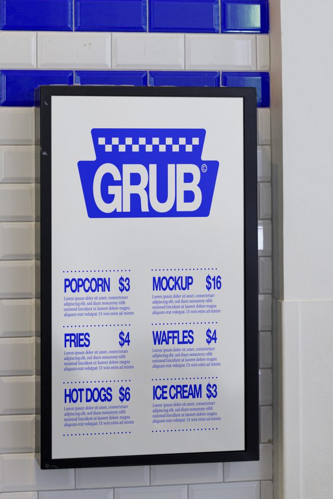 Menu board mockup displayed on tiled wall, featuring an editable design for pricing and items, ideal for graphic templates and presentations.