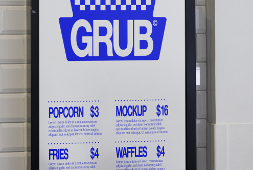 Menu board mockup design featuring food item listings and prices against a tiled wall for graphic designers in the Templates section.