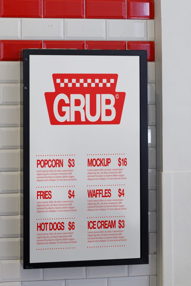 Menu poster mockup in a frame hung on tiled wall, displaying prices for various snacks, perfect for cafe branding design.