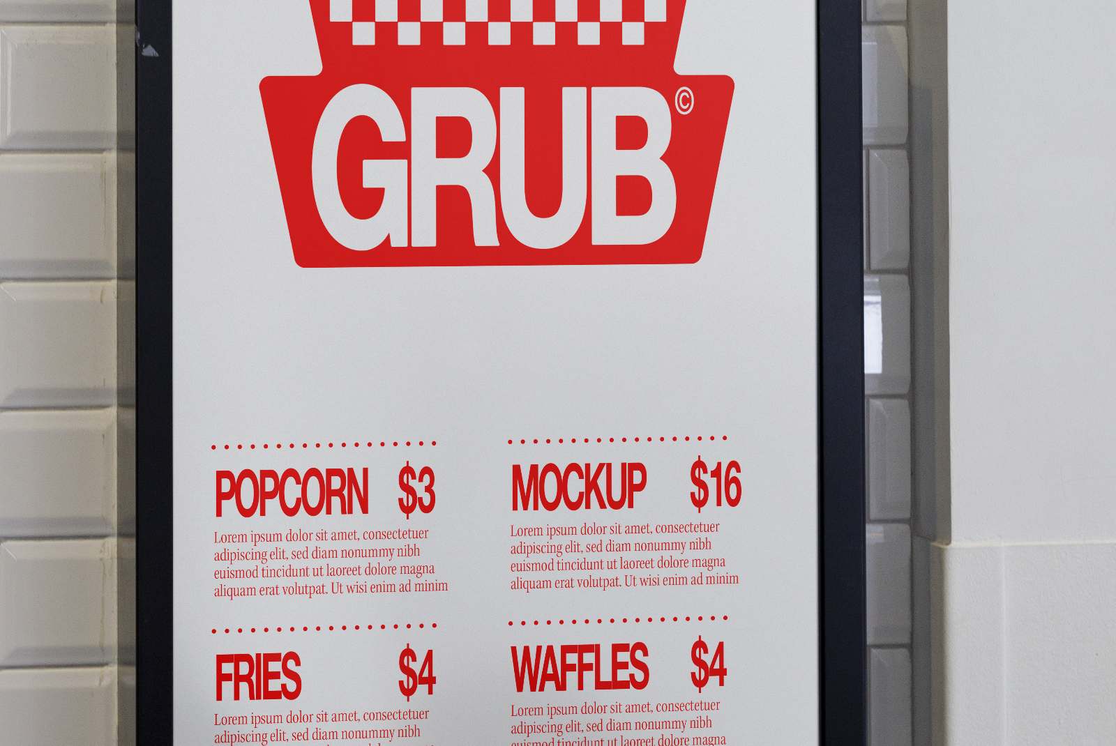 Menu board mockup in a frame featuring snack prices, ideal for designers working on restaurant displays or food-related advertising.