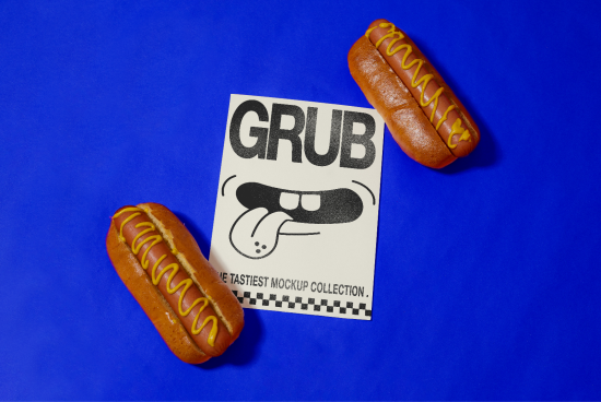 Creative hot dog themed mockup design with bold GRUB typography, ideal for graphic assets, vibrant mockup templates, and food-inspired design presentations.