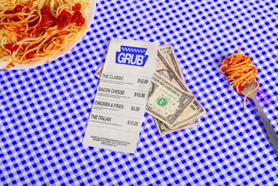 Top-view mockup design featuring a plated spaghetti meal, menu, cash, on blue checkered tablecloth, suitable for restaurant branding.