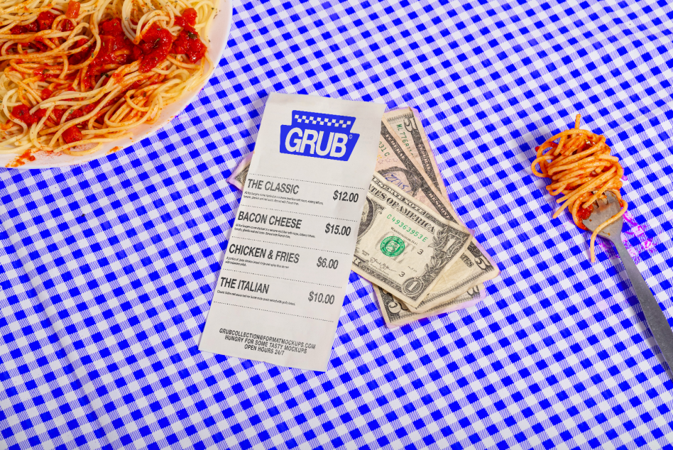 Top-view mockup design featuring a plated spaghetti meal, menu, cash, on blue checkered tablecloth, suitable for restaurant branding.