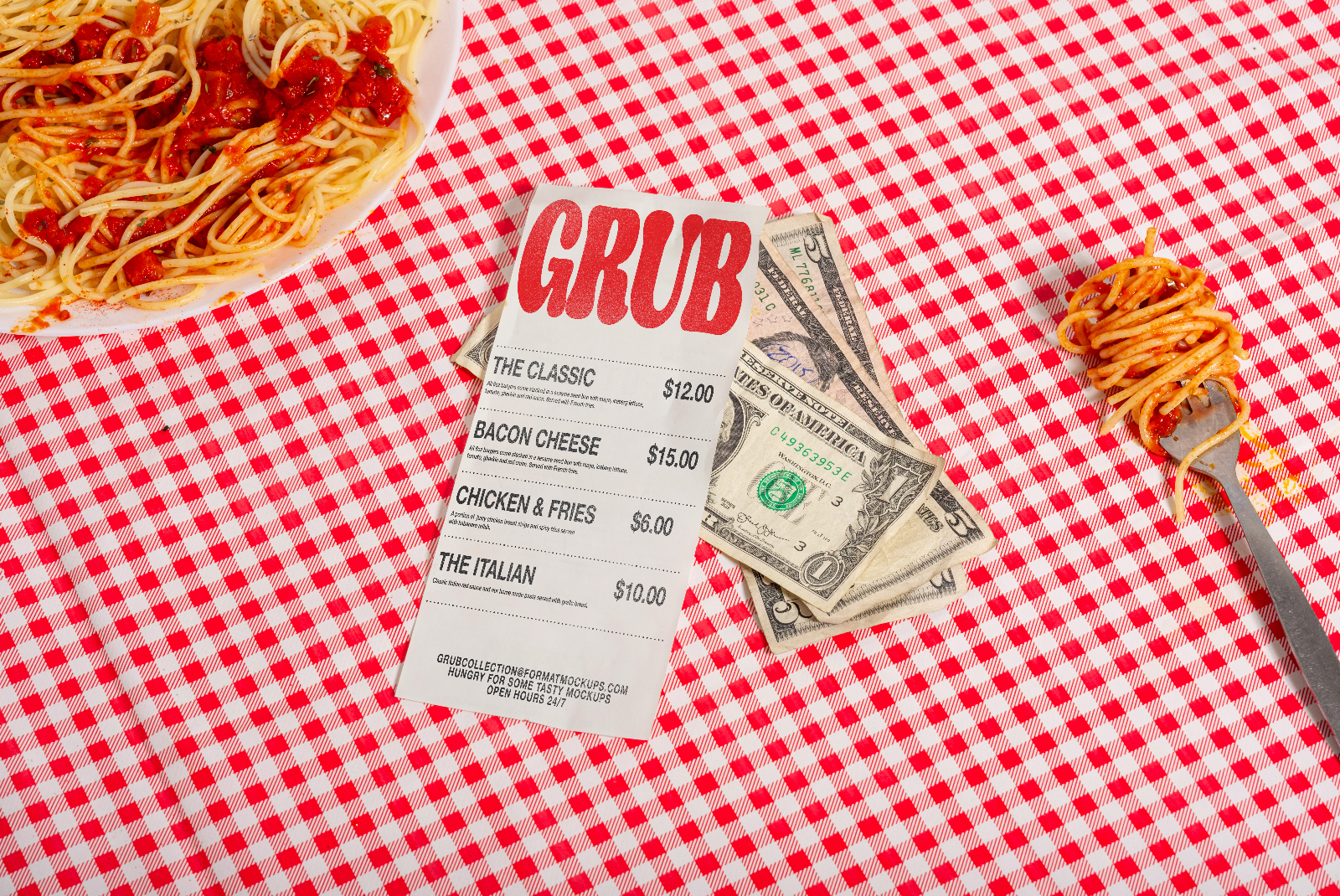 Classic diner meal with spaghetti and menu mockup, dollars on red checkered tablecloth, ideal for restaurant branding graphics.