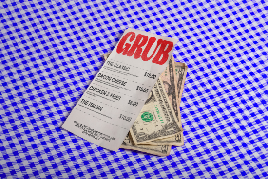 Menu mockup with cash on a blue checkered tablecloth, ideal for showcasing restaurant branding and design presentations.