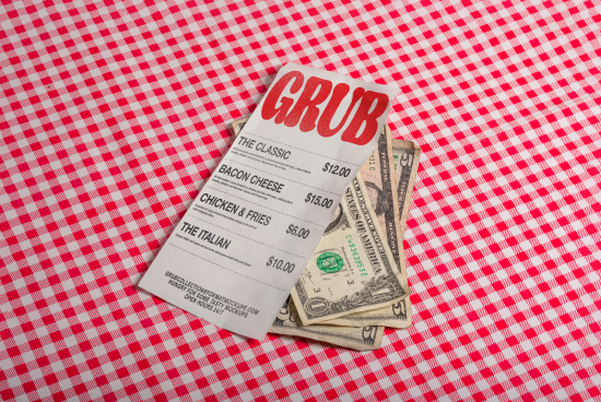 Restaurant menu mockup with realistic dollar bills on red checkered tablecloth, graphic design template for branding, food industry presentations.