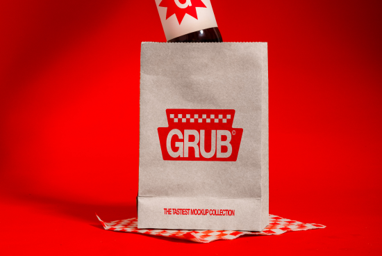 Paper bag mockup with bold GRUB branding on a vibrant red background perfect for designers packaging presentation.