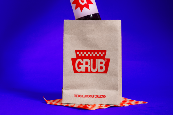 Paper bag mockup with red logo on a blue background, ideal for branding designs and packaging mockups, suited for graphic designers.