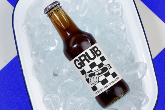 Beer bottle mockup on ice in tray, ideal for branding designs display. High-resolution beverage label template, perfect for graphic designers.