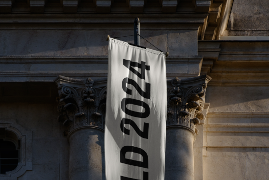 Banner mockup hanging on classic architecture column, featuring bold text design 2021, ideal for historical context ad display.