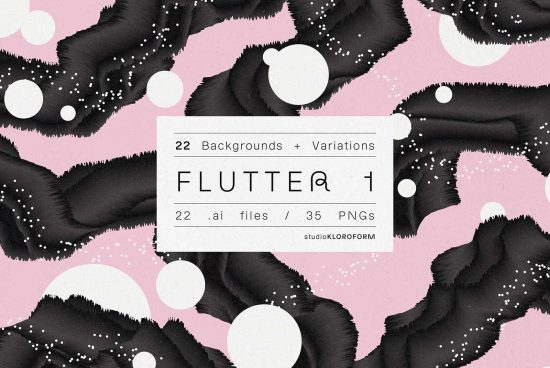 Graphic design asset titled FLUTTER boasts 22 backgrounds in .ai and .png formats with abstract black shapes on pink, ideal for creative projects.