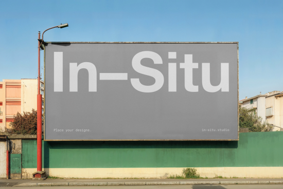Billboard mockup in urban setting for outdoor advertising, clear sky, ready for designers to display work, realistic street view for presentations.