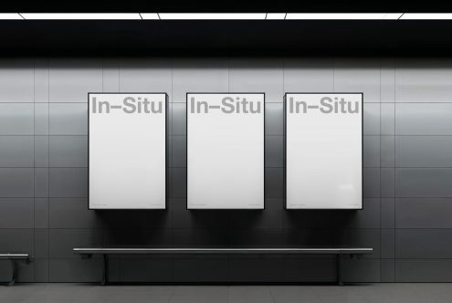 Modern subway station wall mockups with three vertical blank ad display banners in a sleek setting for poster design presentations.