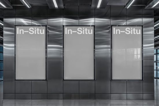 Triple vertical billboard mockups in a modern subway station for advertising presentation graphic design templates.