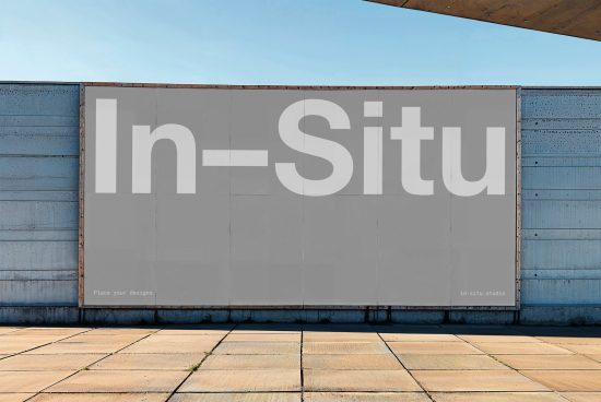 Wall billboard mockup in an urban setting for showcasing advertising designs, clear blue sky, concrete elements, perfect for designers.