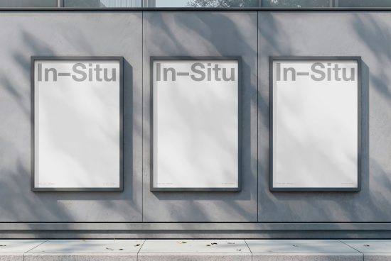 Triple vertical billboard mockup on a concrete wall for outdoor advertising presentation, with space for design display and clear blue sky.