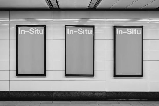 Three blank subway advertising billboard mockups in a row on a station wall, ideal for poster design and advertising presentations.