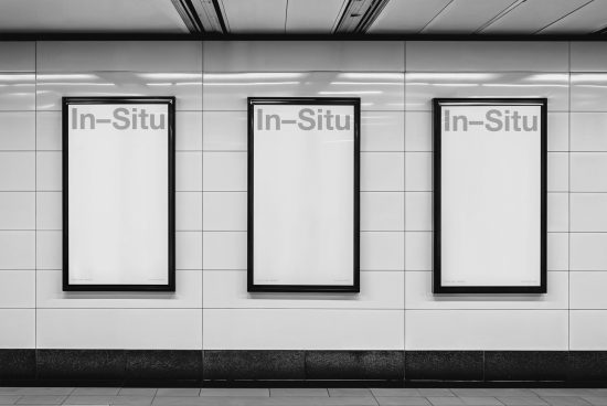 Three blank billboard mockups on a subway station wall, ideal for advertising poster design presentations in a modern urban setting.