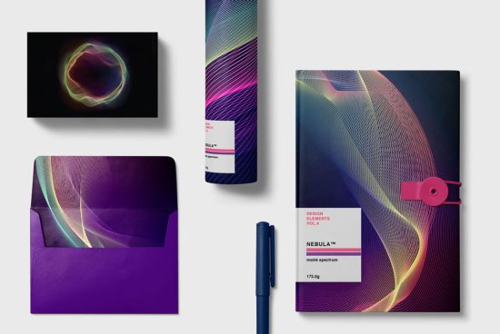 Visual identity mockup set featuring abstract designs on stationery items including envelope, notebook, and cards for creative branding.