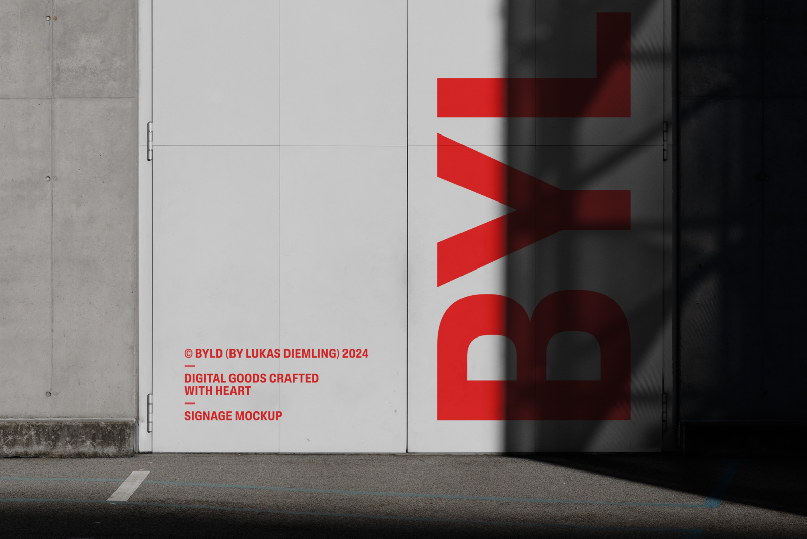 Modern urban signage mockup with bold red typography, concrete backdrop, shadow play, perfect for showcasing outdoor graphic design work.