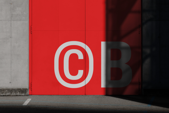 Red urban wall with bold white copyright symbol shadow graphics for modern design mockup, ideal for creative branding visuals.