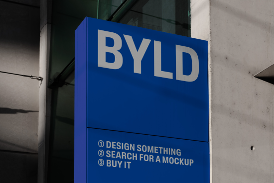 Outdoor advertisement mockup with clear blue signage displaying text instructions, ideal for designers to showcase branding designs.