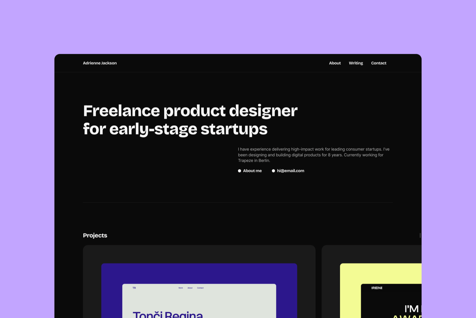 Freelance product designer portfolio template with a clean layout for UI/UX designers targeting startups, includes project mockups and contact info.