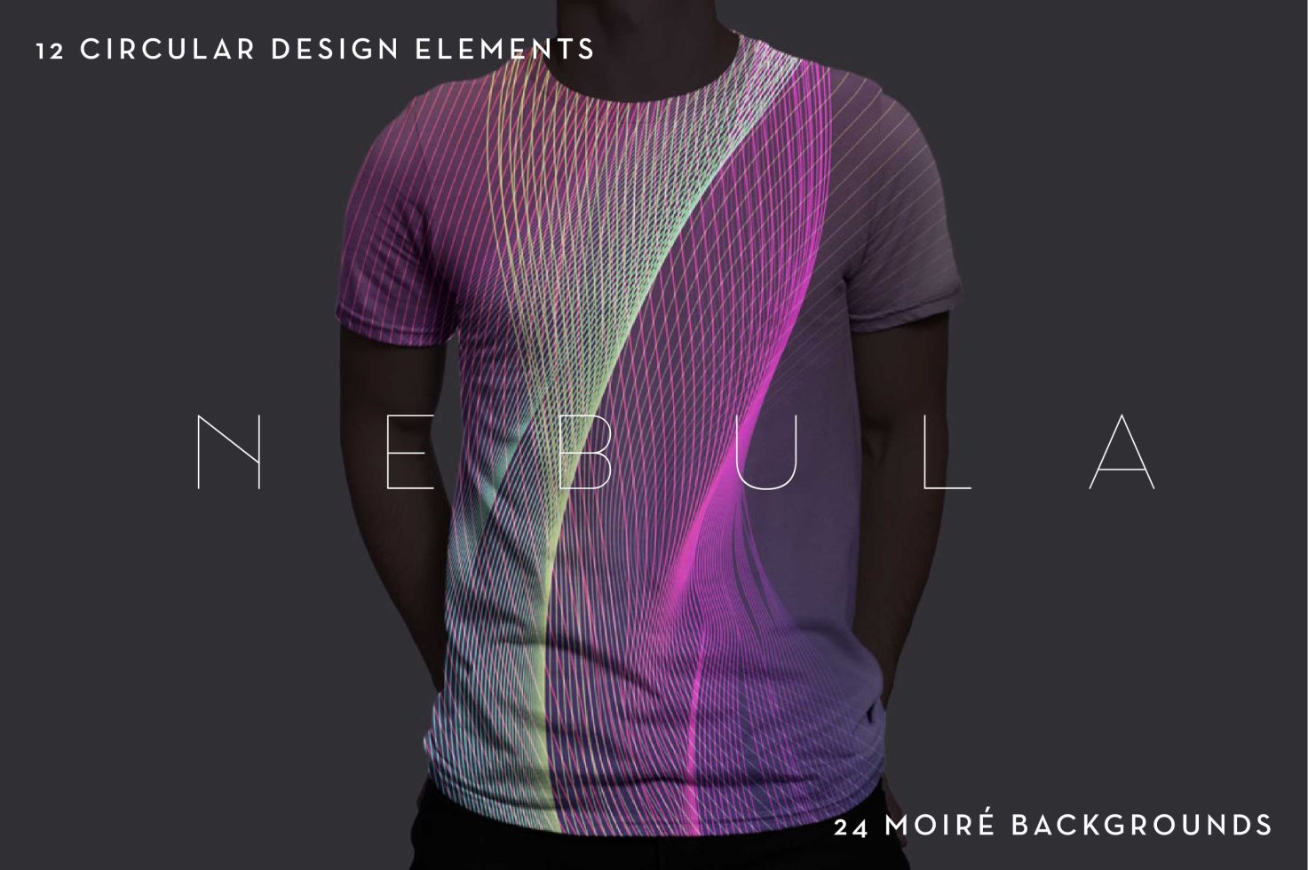 Graphic t-shirt mockup featuring circular moire design elements, titled "NEBULA" with 12 patterns and 24 backgrounds for creative projects.