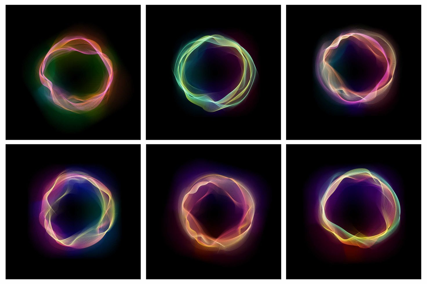 Collection of six colorful abstract light ring graphics on dark backgrounds, versatile for modern design projects, backgrounds, and overlays.