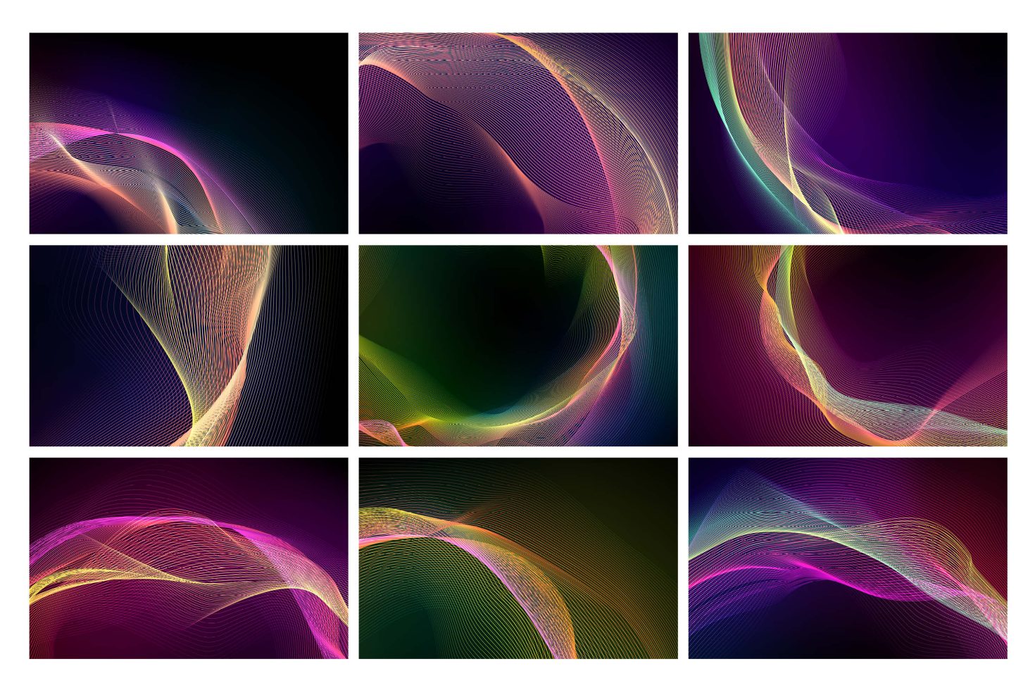 Vibrant abstract digital art collection with dynamic waves and color gradients, vector graphics for creative design projects.