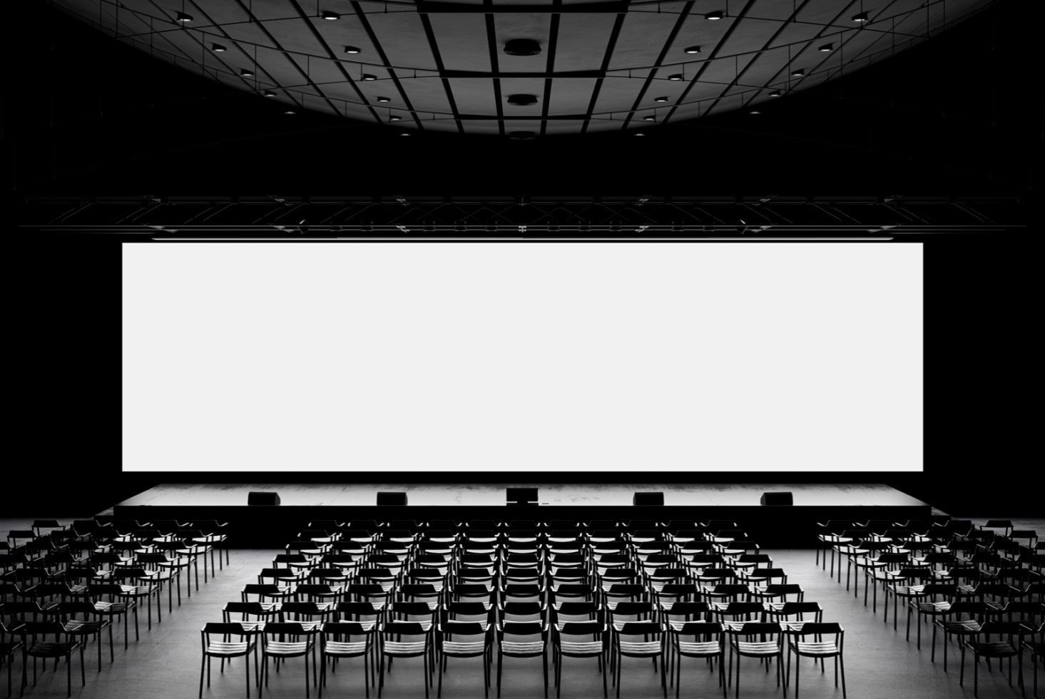 Empty conference hall with rows of chairs and large projection screen, ideal for mockup, presentation template, and event design background.