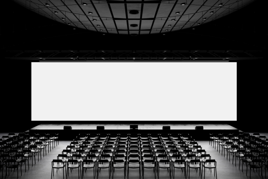 Empty conference hall with rows of chairs and large projection screen, ideal for mockup, presentation template, and event design background.