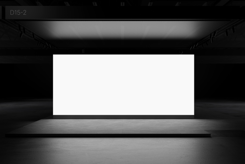 Dark stage with illuminated blank billboard for design mockups, presentations, and advertising in a realistic 3D rendering environment.