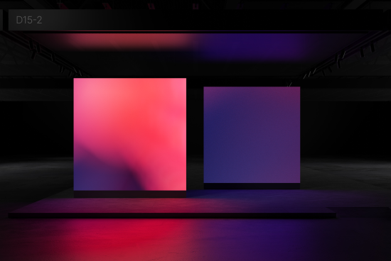 Abstract mockup display with vibrant gradient panels in a dark exhibition space, ideal for presentations and graphic design showcase.