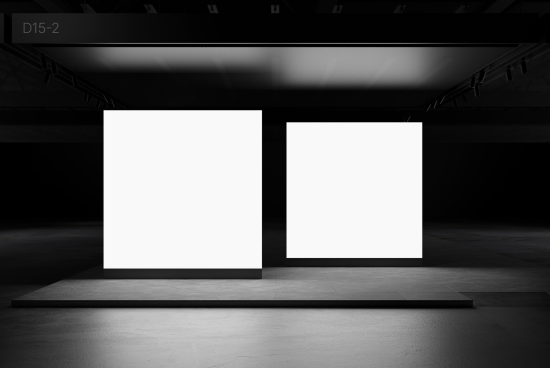 Two blank white vertical banners in a dark room scene with spotlights, perfect for design mockups, graphic displays, and presentation templates.