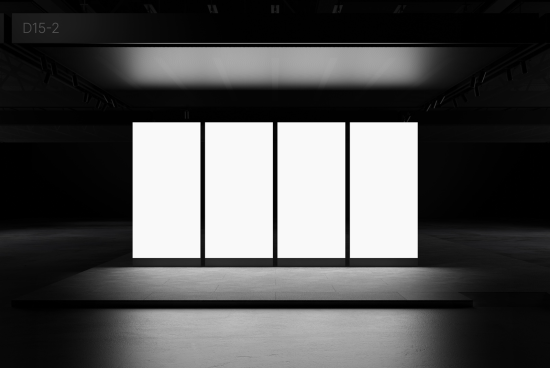 Minimalist billboard mockup with three vertical panels in a dark exhibition hall, perfect for designers to showcase advertising graphics.