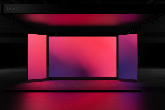 Stage mockup with vibrant pink to purple gradient screens for presentations, located in a dark event hall, perfect for design templates.