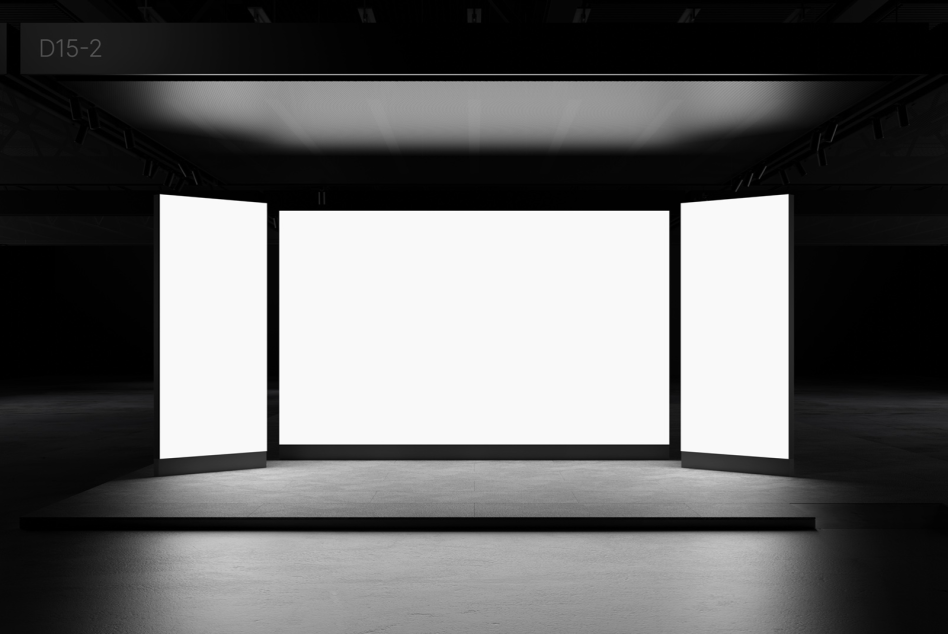 Empty exhibition stand with glowing white panels in a dark hall, perfect for design mockups and presentations.